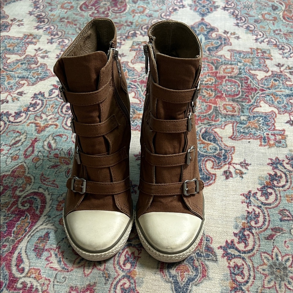 Brown High-Top Buckle Sneakers - Women's Casual Fashion